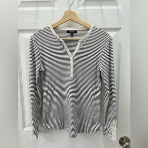 Chaps Black & White Striped Henley with Lace Cuffs